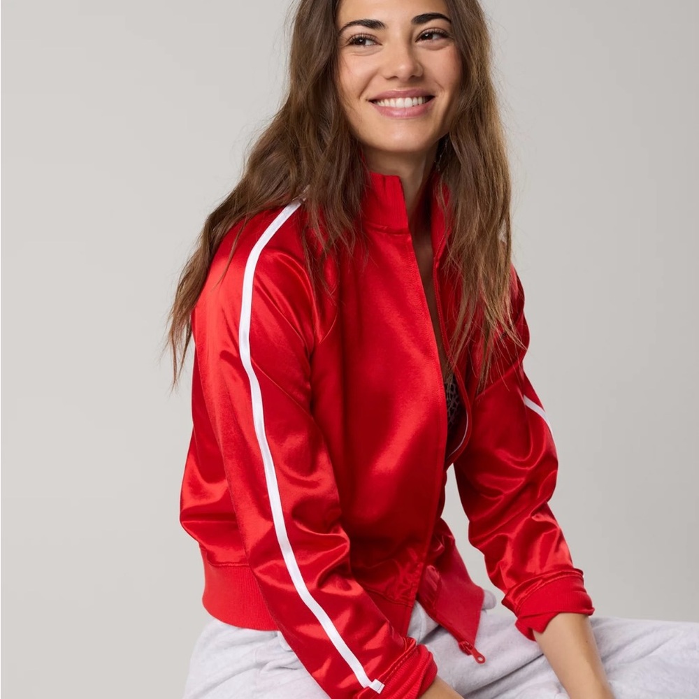 OFFLINE Red Satin Track Bomber Jacket with White Stripes